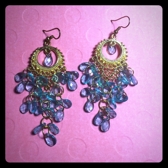 Gold and light blue chandelier earrings