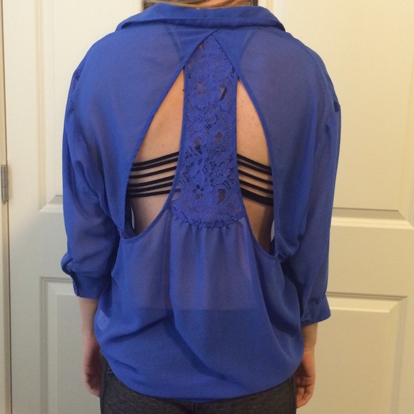 High low blue button down with lace razor back