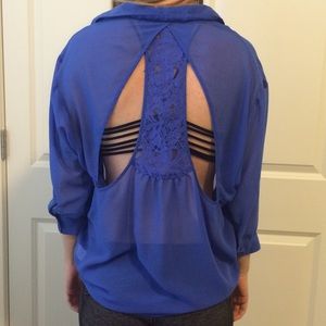 High low blue button down with lace razor back