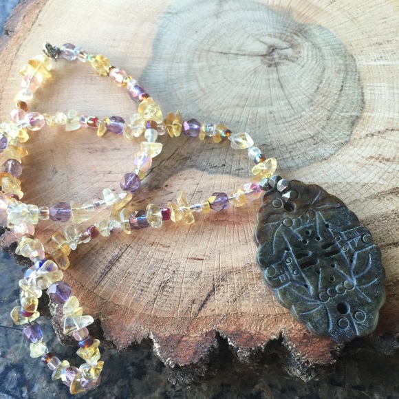 Carved jade citrine amethyst necklace 20" artisan
