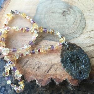 Carved jade citrine amethyst necklace 20" artisan