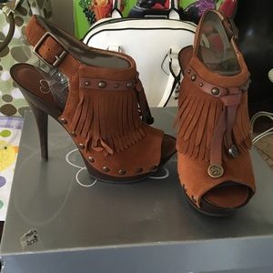 Brown fringe heels