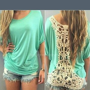 Teal shirt with lace on the back