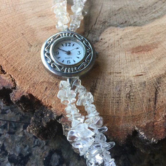 8" clear crystal chip silver bracelet watch