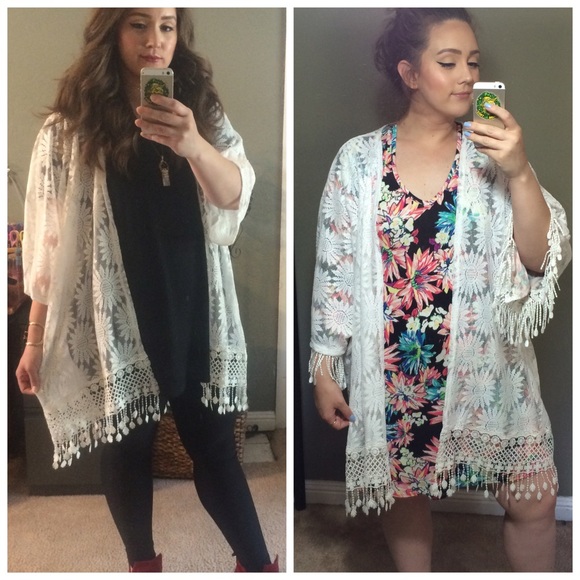 Bellino Clothing Sweaters - Boho White Floral Lace Fringe Open Cardigan