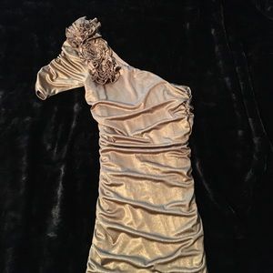 Off the shoulder metallic gold party dress