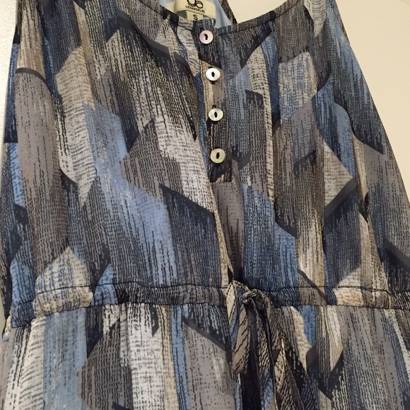 Blue Grey Patterned High Low Dress