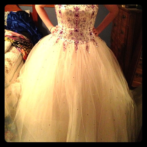 Cream prom dress with purple jewels