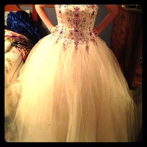 Cream prom dress with purple jewels