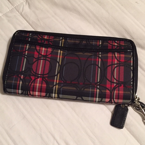 Coach red plaid full zip wallet