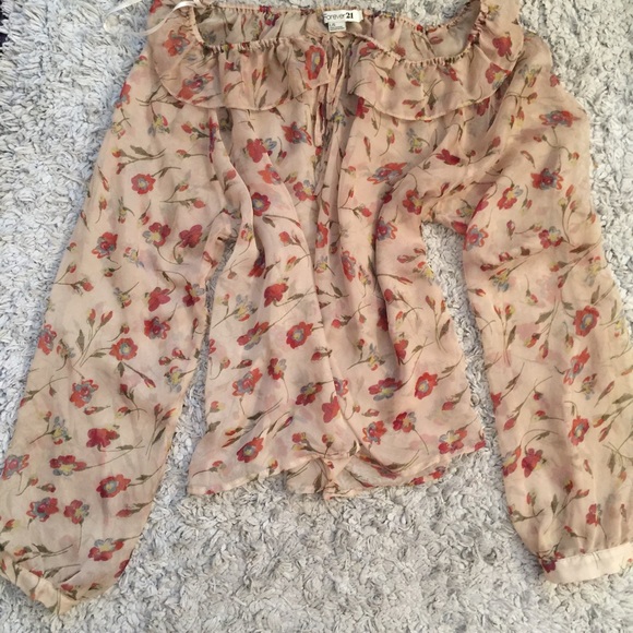 Sheer floral off the shoulder long sleeve blouse.