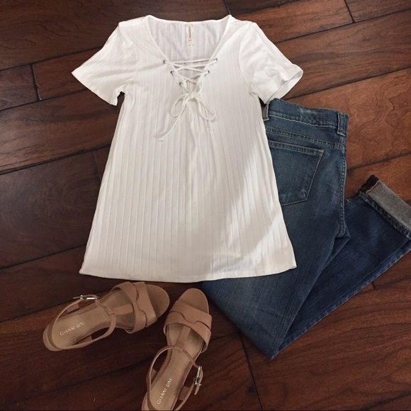 Women White Rib Short Sleeves Top