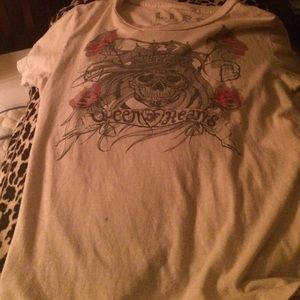 A white and gray teeshirt with a graphic design