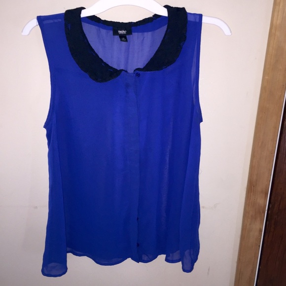 Royal blue sheer top w/black lace Peter Pan collar