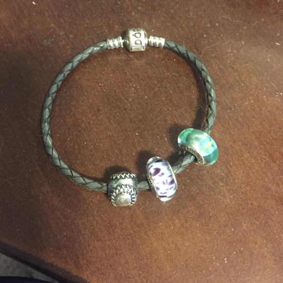 Gray Leather Pandora Bracelet with charms