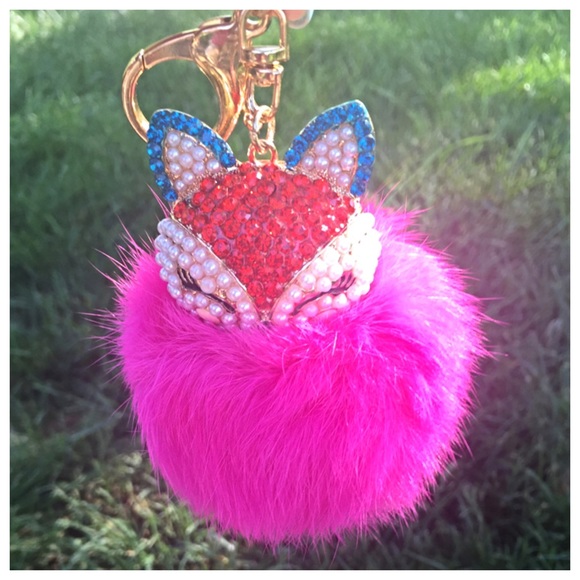 Hot pink fluffy fox purse charm/key fob