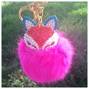 Hot pink fluffy fox purse charm/key fob
