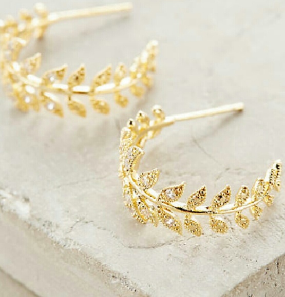 Anthropologie Gold Feathered Frond Hoop Earrings