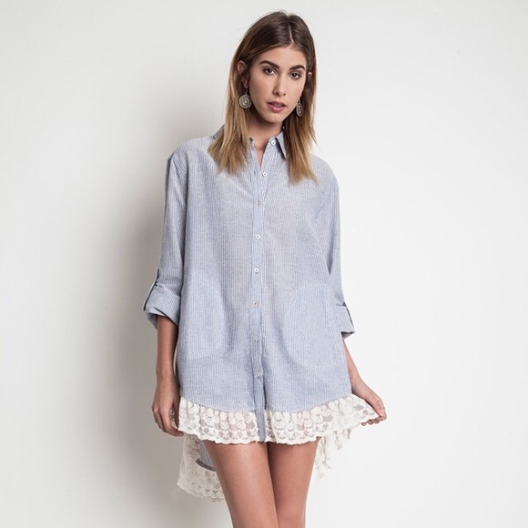 Lace Hem Light Denim Striped Tunic - Picture 2 of 4