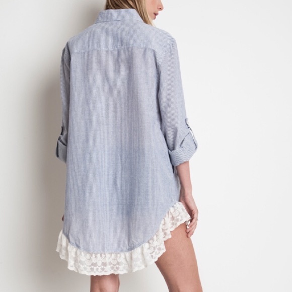 Lace Hem Light Denim Striped Tunic - Picture 3 of 4