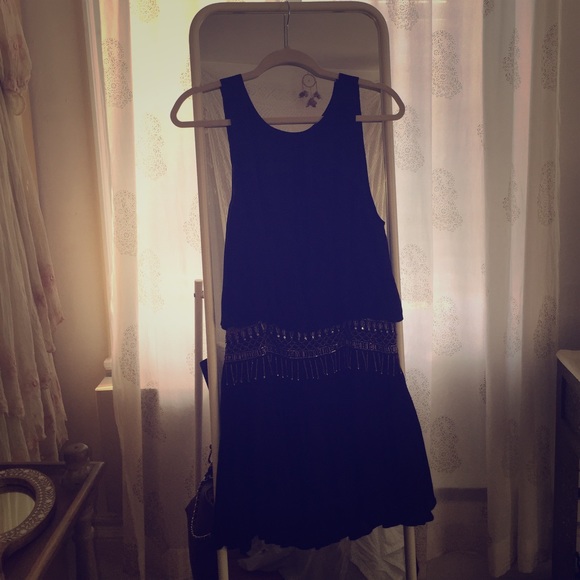 Black Dropwaisted Mini Dress with Beading - Picture 1 of 3