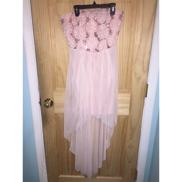 Blush, sequenced, high low prom dress.