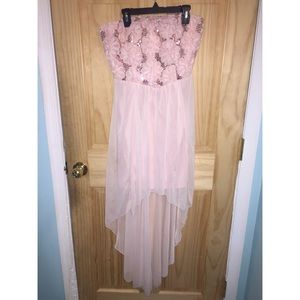 Blush, sequenced, high low prom dress.