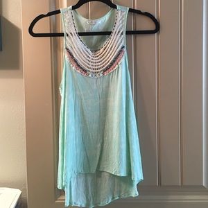 Pale green tank colorful lace detail