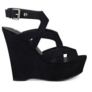 Guess Black Suede Strappy Wedges
