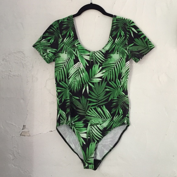 Palm tropical leaf print leotard low back