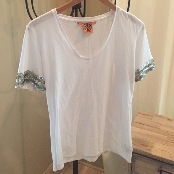 Tory Burch Tops - Tory burch silver sequin trim white tee, M
