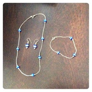 Blue Bead Necklace, Earrings, & Bracelet Set