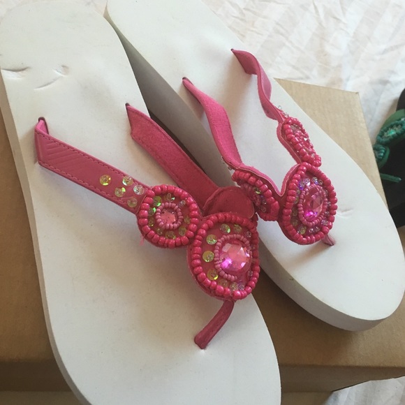 Pink beaded white wedge flip flop sandal