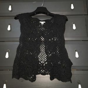 Anthropologie black linen, crochet vest