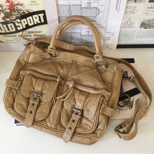 Beige boho textured leather-like handbag