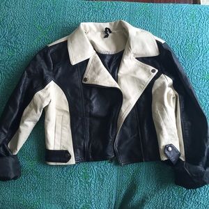 Cropped Black and Cream faux leather jacket