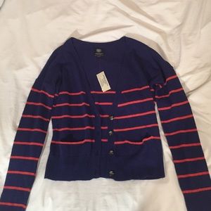 Navy w/ orange striped cardigan