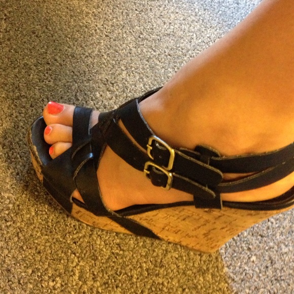 Strappy black cork wedges