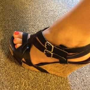Strappy black cork wedges