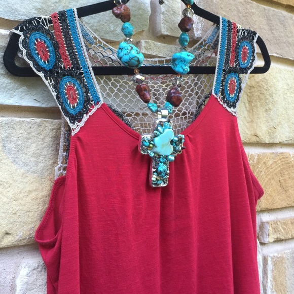Anthropologie red crochet tribal tank large