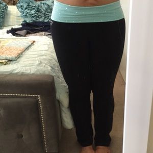 aqua and rhinestone fold over boot cut yoga pants