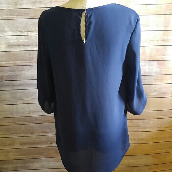 Blue pleated front blouse with gold buttons - Picture 2 of 4