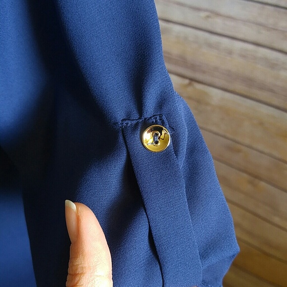 Blue pleated front blouse with gold buttons - Picture 3 of 4