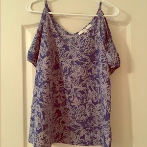 Blue and white printed off the shoulder top