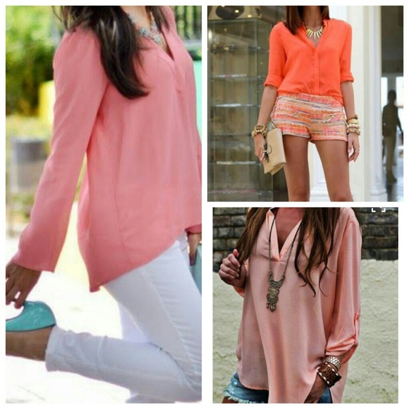 Coral pleated front blouse with gold buttons - Picture 4 of 4