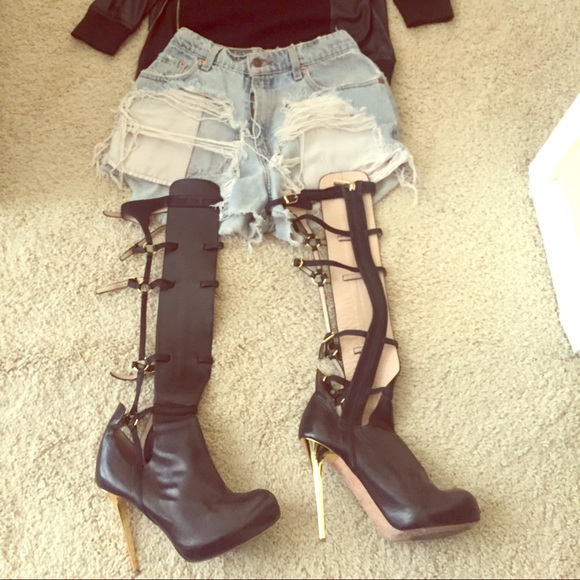 Herve Leger - Leather Gladiator Knee High Boot