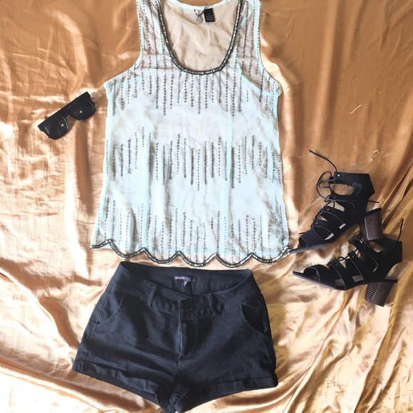 sheer teal bedazzled tank top