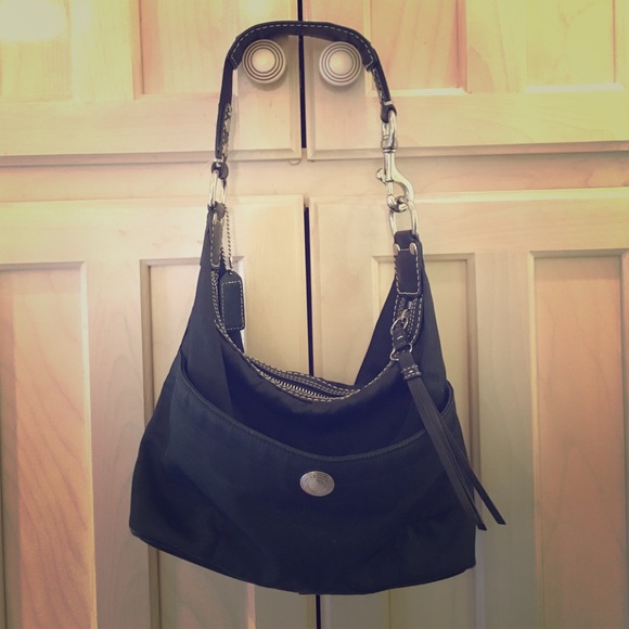 COACH Shoulder Bag, Black Nylon & Leather