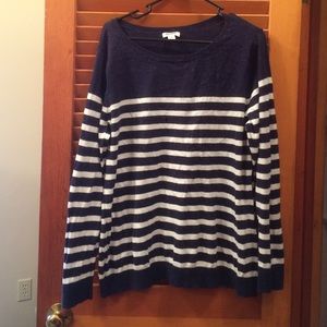 Navy and gray striped sweater w/ rainbow speckles