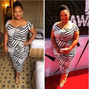 Geometric print, off shoulder, body-con midi dress